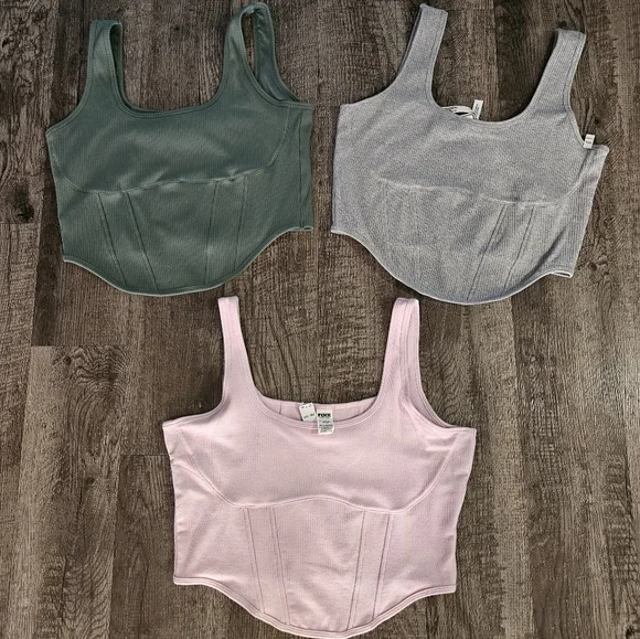 NWT Victoria Secret PINK Corset Tank Bundle Of #3! Green, Gray & Pink Size XXL - Picture 1 of 7